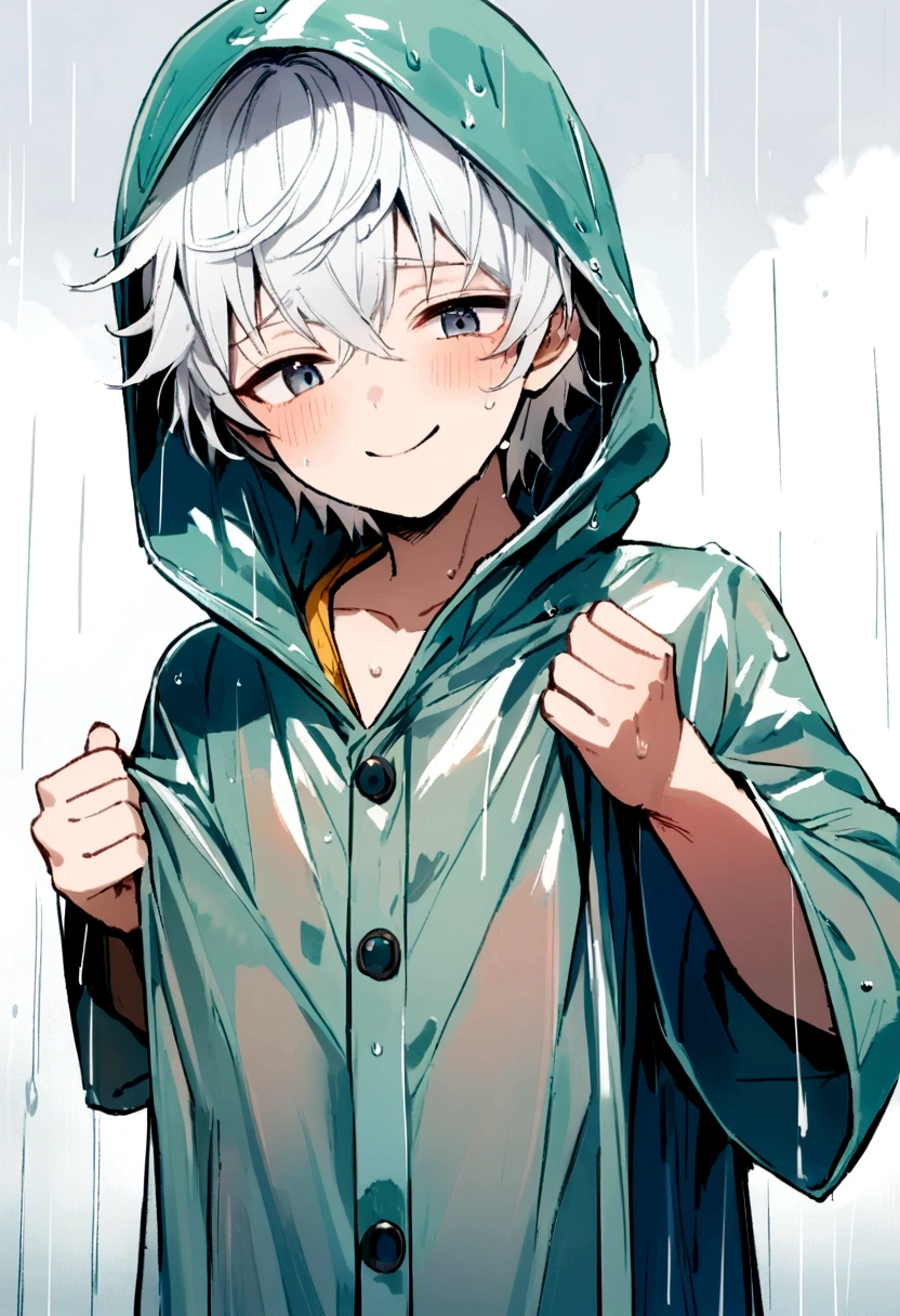 1 boy, white hair, Cute face, summer rainy season raining, wearing a raincoat