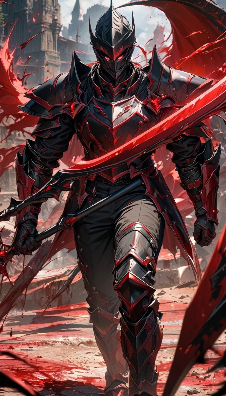 Adult guy, short black hair, red eyes, multi-colored eyes, black pants, black and red knight armor elements, battle scythe, blood magic, armor hat, Masterpiece, best quality, Full HD, 8k, ultra details, great graphic