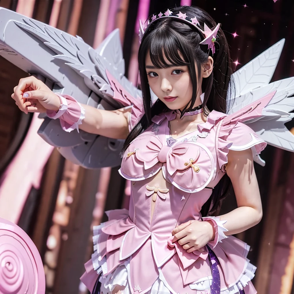 Highest quality, masterpiece, Very detailed, 8K, 14 year old beautiful Japanese woman:1.5, Small face, blunt bangs, Black hair ponytail, ((Woman crucified on the cross:1.5, Breast Augmentation Surgery)), (Detailed pink magical girl heroine costume:1.5), remote_play, remote_Vibrate、 (climax:1.5)、 Very detailedな臭い脇の下