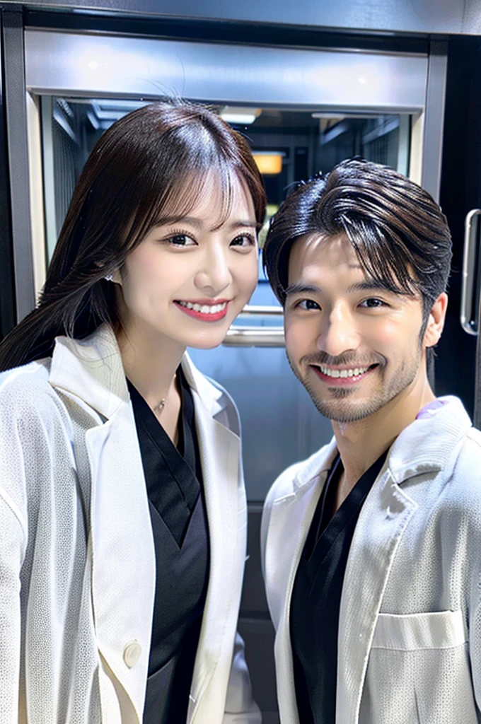 Male dentist and female dental hygienist 2people A good business partner 日本people Handsome Men and Beautiful Women Doctor wearing a white coat Upper body close-up high resolution high resolution Highest quality smile Wear black scrubs