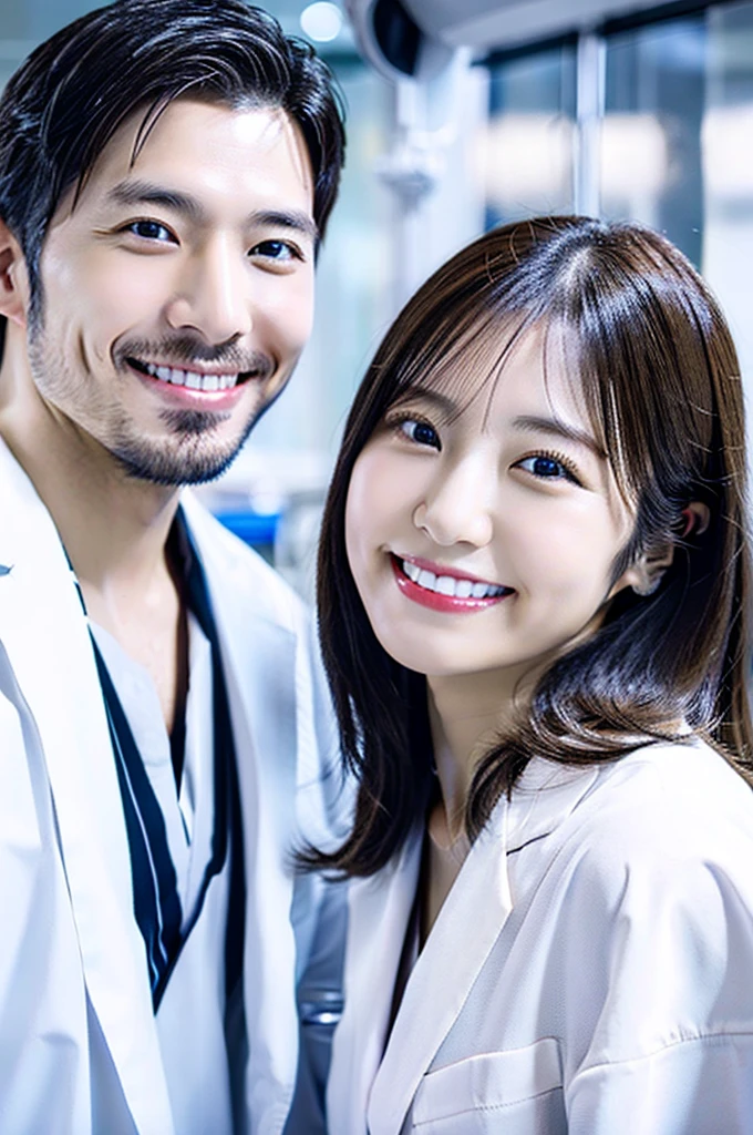 Male dentist and female dental hygienist 2people A good business partner 日本people Handsome Men and Beautiful Women Doctor wearing a white coat Upper body close-up high resolution high resolution Highest quality smile Wear black scrubs