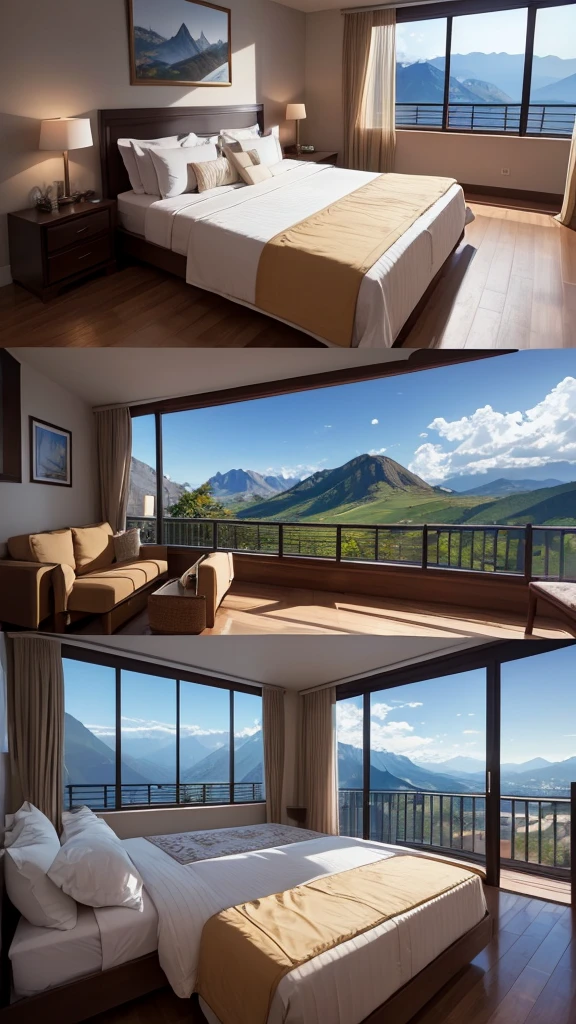 (masterpiece,Highest quality:8K) Affordable bedroom with mountain views and balcony, Beautiful views, A soothing and comfortable landscape, Detailed view, Instagram photos Nice views, beautifully、aesthetic, Beautiful nature in the background, Amazing scenery in the background, 8K Photorender Reality Engine, Beautiful views, Overlooking the valley, Nice views, beautiful place, paradise in the background