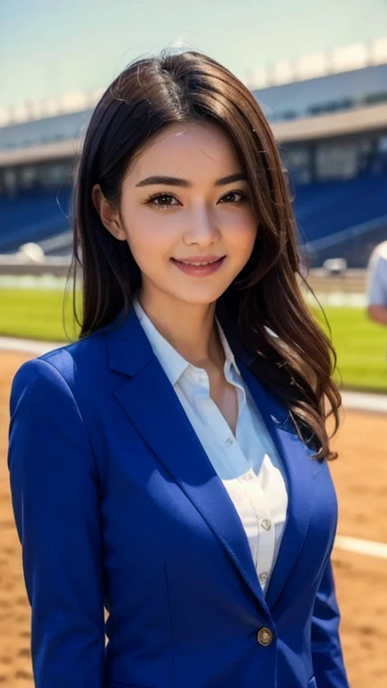 8k, best quality, masterpiece, realistic, ultra detail, photo realistic, Increase quality, a photo of a girl standing at a racetrack, voluminous mass, photobash, serene faces, jagged edges, navy, natural beauty, Wearing a stylish yet professional outfit, suitable for a television presenter, such as a blazer and blouse, she is smiling quietly, looking at the camera