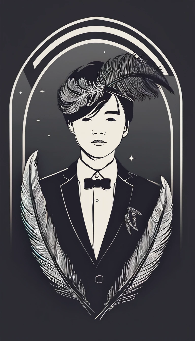 A minimal, modern, simple, cinematic logo design e of a boy with a head full of feathers for the brand “Penamemoria" .