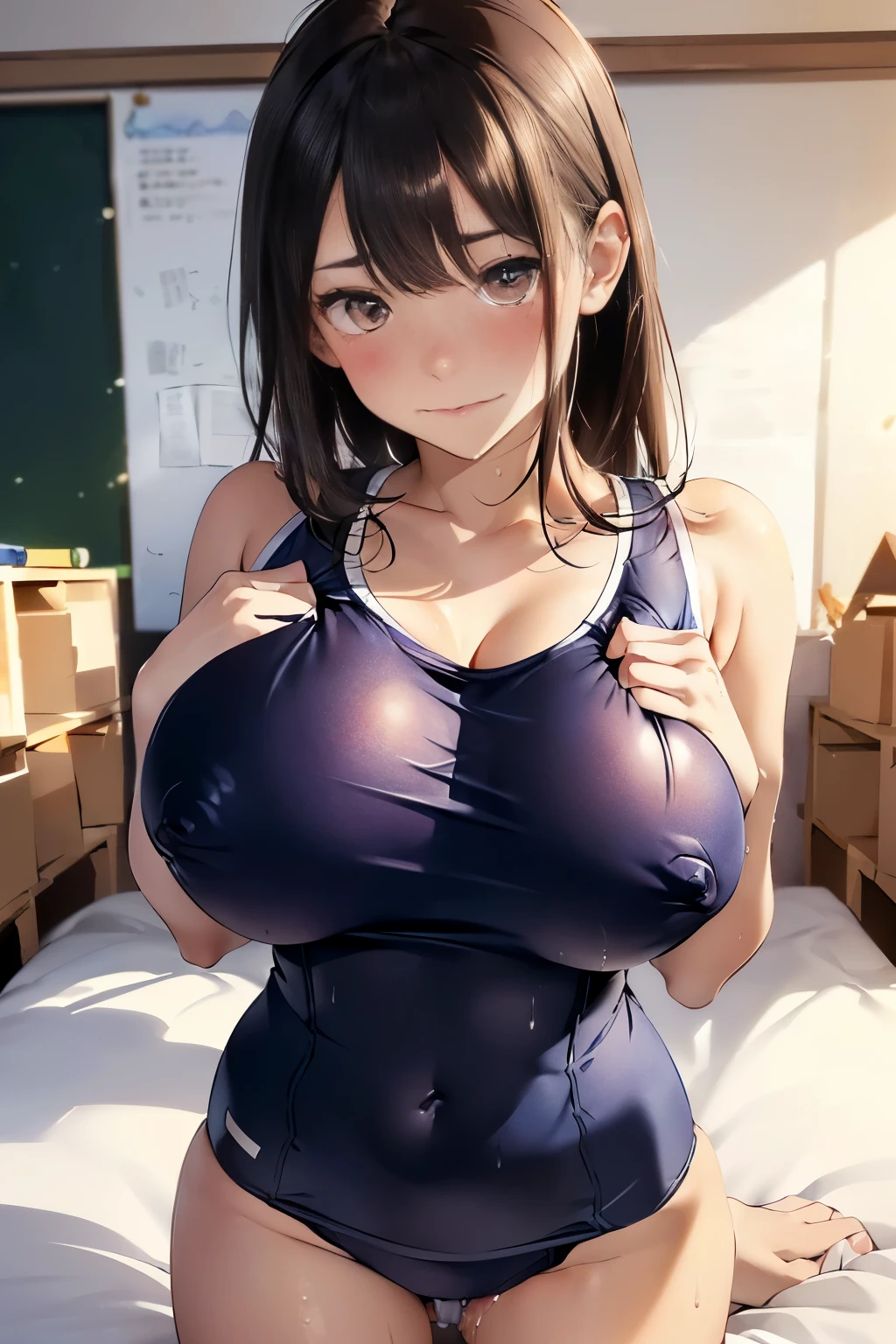 Browsing Caution,Highest quality、In 8K、masterpiece、Hmph、Ultra-high resolution、RAW Photos、(Realistic:1.3)、Natural soft light、(Written boundary depth)、thin、(whole body:1.2)、Detailed face and eyes、Realistic、Sharp pupils、Inside the warehouse、(Dynamic action poses)、Young Face、Beautiful  girl、Glowing Skin、(Shortcuts:1.5、amount:1.5)、Beautiful brown hair、Red Eye、(blush:0.7)、((Embarrassed face:1.2,blushする:1.8))、Crying face:1.5、Sweat、(Scl Swimsuit:1.8)、(Thighs Thighs Thighs Thighs:0.8)、(Huge breasts:1.7)、(ew:1.4)))、(Erect nipples:1.4)、(SNose、Sse)、((vagix:1.5、Capable person))、Attracaist、(Oflowing sexual fluid:1.5)、((bed、bedに横たわる:1.5、Sleep on yck:1.4、Lie:1.2))、(Put your chest toher:1.1、 accumulated between her breasts:1.2)、(((whole body:1.8)))、I want to see you fromo toe
