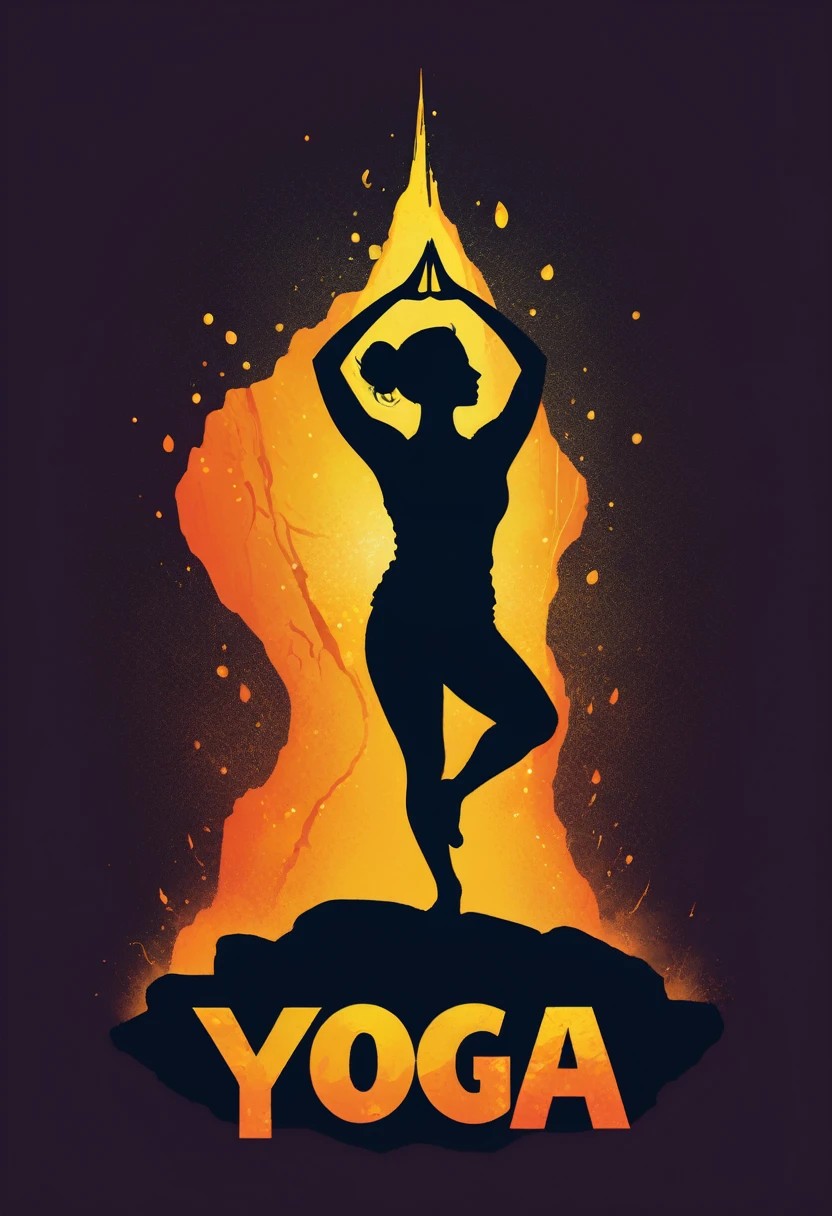 creative logo illustration of a silhouette siting on a gradiant rock magma with yellow glowing cracks and gradiant yellow and orange lava yoga position, gesture, digital art work featuring the word ( YOGA ) by dan mumford, carne griffith, sketch, high definition, negative space, vivid colors, tshirts design