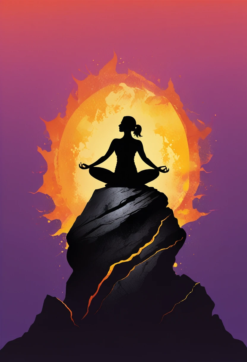 creative logo illustration of a silhouette siting on a gradiant rock magma with yellow glowing cracks and gradiant yellow and orange lava yoga position, gesture, digital art work featuring the word ( YOGA ) by dan mumford, carne griffith, sketch, high definition, negative space, vivid colors, tshirts design