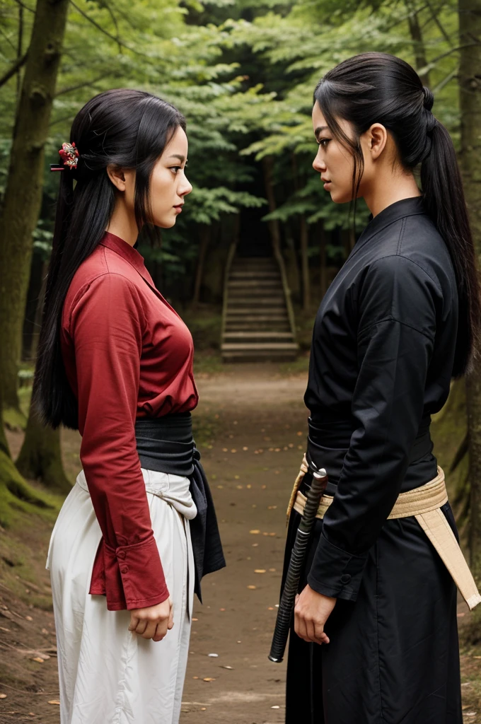 Two people who are enemies looking at eachother from a distance holding katana