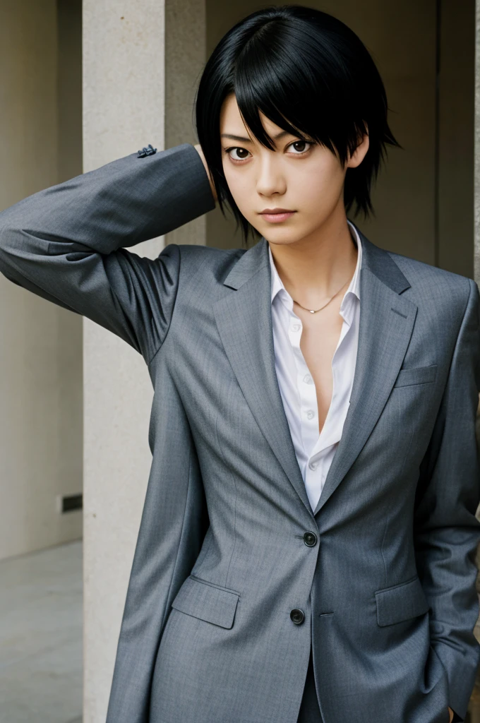 Kira from death note looking at the camera in suit