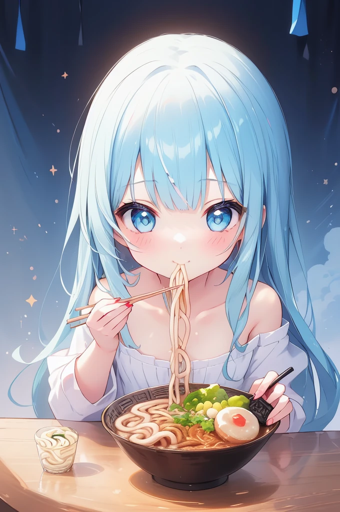 masterpiece, best quality, extremely detailed, (illustration, official art:1.1),adorable face、 1 girl ,(((( light blue long hair)))),pale blue hair,, long hair、 ((blush)) , cute face, big eyes, masterpiece, best quality,(((((a very delicate and beautiful girl))))),Amazing,beautiful detailed eyes,blunt bangs((((little delicate girl)))),tareme(true beautiful:1.2), sense of depth,dynamic angle,toddler,, affectionate smile, (true beautiful:1.2),,(tiny 1girl model:1.2),)flat chest、,solo,1girl,long skirt,,chopsticks,eating, ,kitsuneudon,, closed mouth,, drinking glass, eating, heart, happy, ,(((udon))), Japanese style rooms, noodles,midjourney, food,chibi
