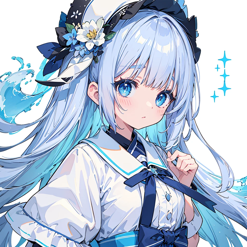 vtuber half body、Bangs shorter than eyebrows、Highest quality、Best illustrations、Very detailed、Upper Body、alone、1 Girl、Looking into the camera、upright、Place your arms at your sides、Beautiful attention to detail、Concept Art、from the front、White Background、Simple Background、Droopy and large eyes、Very detailedな眼、Sparkling, shining, white and blue gradient long hair、Short sleeve、water colored pencils、Kind Face、blush、Virtual YouTuber、
