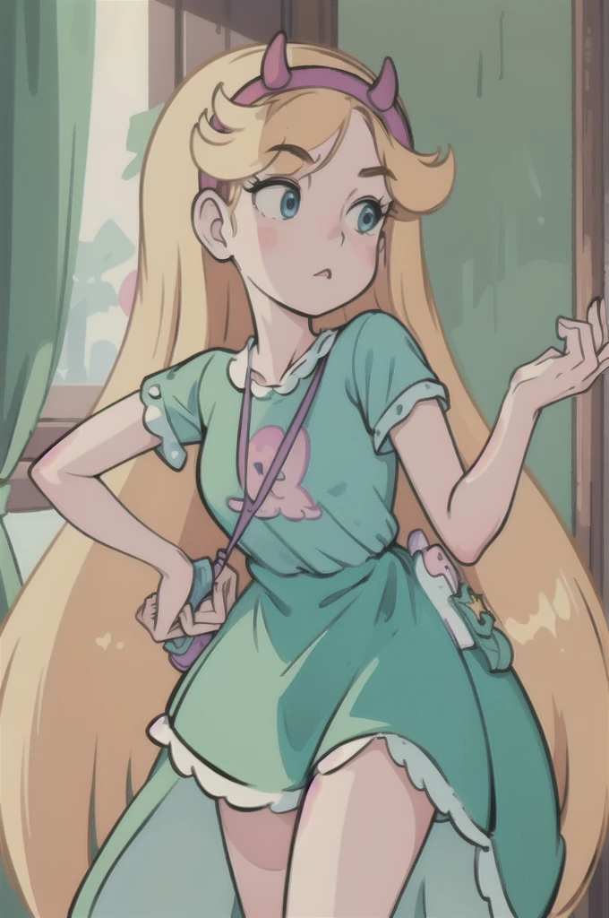 1girl, adult woman, (masterpiece, best quality, high resolution:1.4), star butterfly, horn hairband,green squid outfit, medium breasts,  