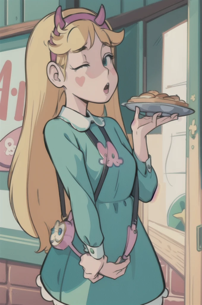 1girl, adult woman, (masterpiece, best quality, high resolution:1.4), star butterfly, horn hairband,green squid outfit, medium breasts,
