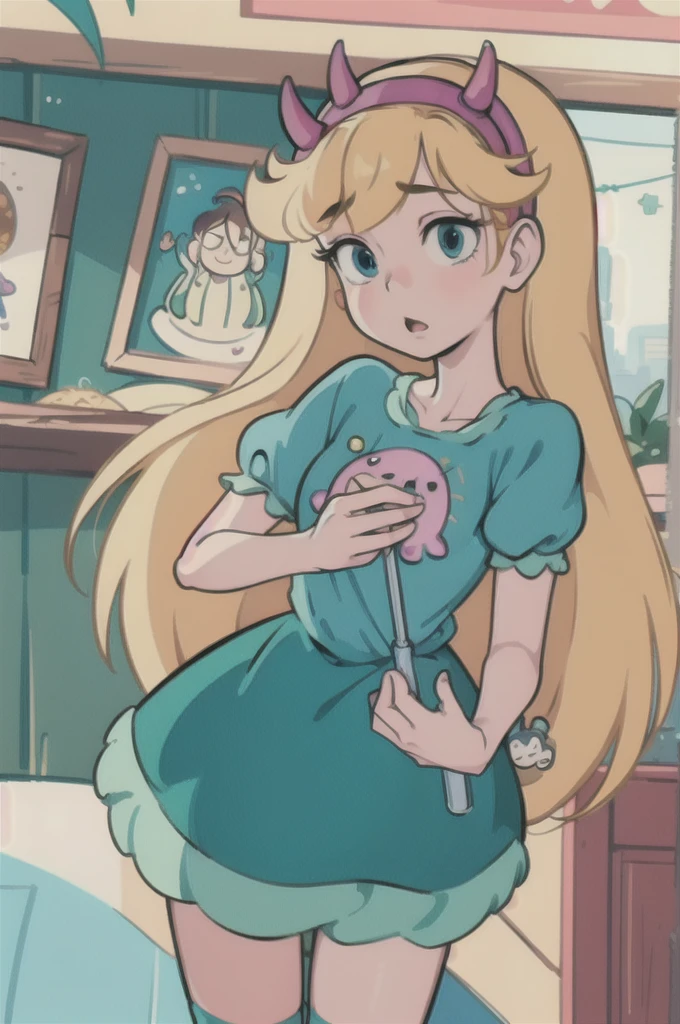 1girl, adult woman, (masterpiece, best quality, high resolution:1.4), star butterfly, horn hairband,green squid outfit, medium breasts,