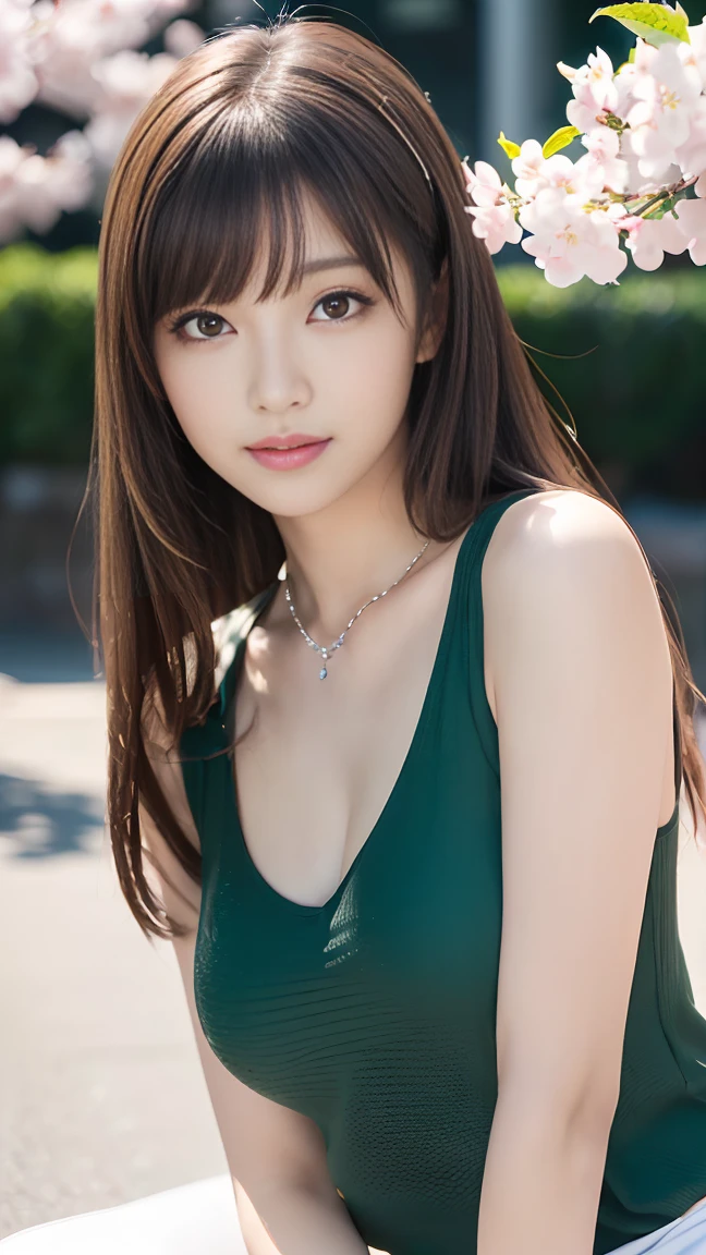 ((Tabletop, Highest quality, High resolution, Hmph, Pixel perfect, Written boundary depth, 4K, Hmph, Hmph))), 1 Girl, single, alone, Beautiful Anime Girls, Beautiful art style, Anime characters, ((Long Hair, bangs, Brown Hair)), ((Green Eyes:1.4, Round eyes, Beautiful eyelashes, Realistic eyes)), ((Detailed face, blush:1.2)), ((Smooth texture:0.75, Realistic texture:0.65, Realistic:1.1, Anime CG Style)), Dynamic Angle, ((Black tank top, hot pants, stylish, 1 diamond necklace)), smile, amusement park, ((cherry blossoms, cherry blossomsの花が散る))