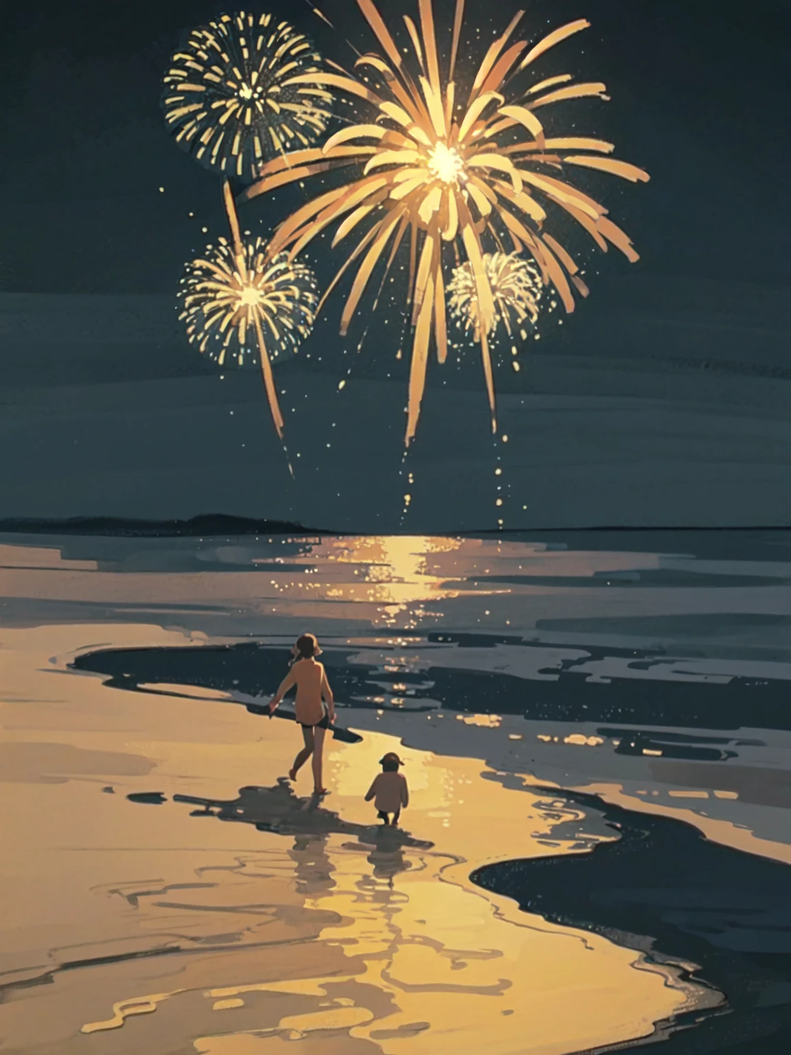 (masterpiece:1.2), (highest quality:1.2), (watercolor), (no human), only background, fireworks in the sky, beach, ocean and sky background, dark sky, midnight, at night, nighttime