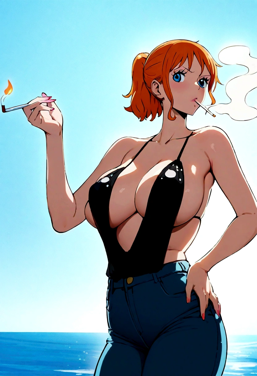 a cartoon picture of a woman in a bikini top and jeans, nami one piece, nami from one piece, nami, beautiful portrait of nami, from one piece, oppai, blue eyes, smoking, ponytail, nsfw