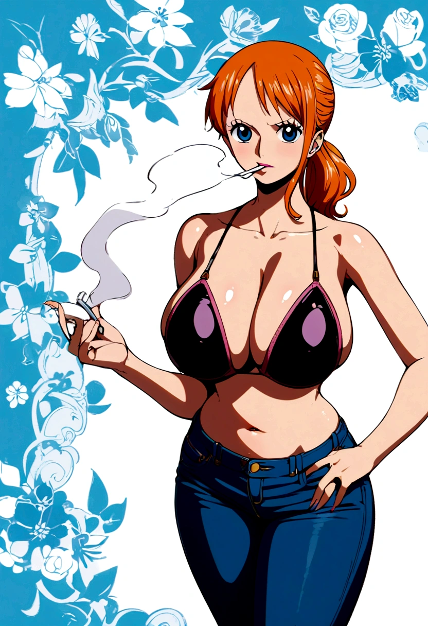 a cartoon picture of a woman in a bikini top and jeans, nami one piece, nami from one piece, nami, beautiful portrait of nami, from one piece, oppai, blue eyes, smoking, ponytail, nsfw