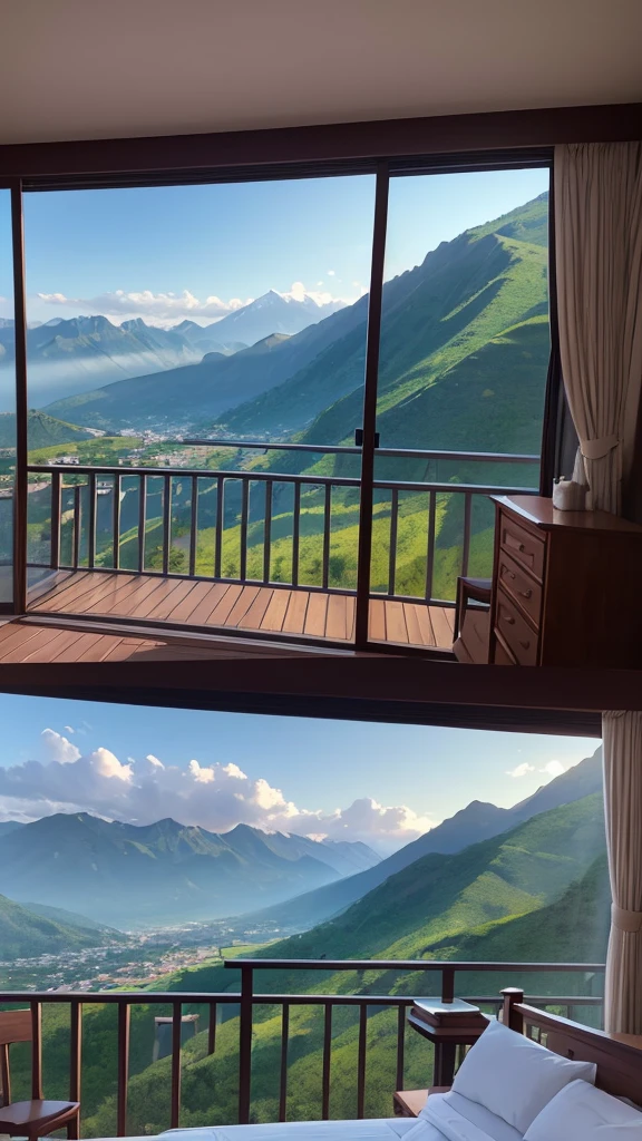 (masterpiece,Highest quality:8K) Affordable bedroom with mountain views and balcony, Beautiful views, A soothing and comfortable landscape, Detailed view, Instagram photos Nice views, beautifully、aesthetic, Beautiful nature in the background, Amazing scenery in the background, 8K Photorender Reality Engine, Beautiful views, Overlooking the valley, Nice views, beautiful place, paradise in the background