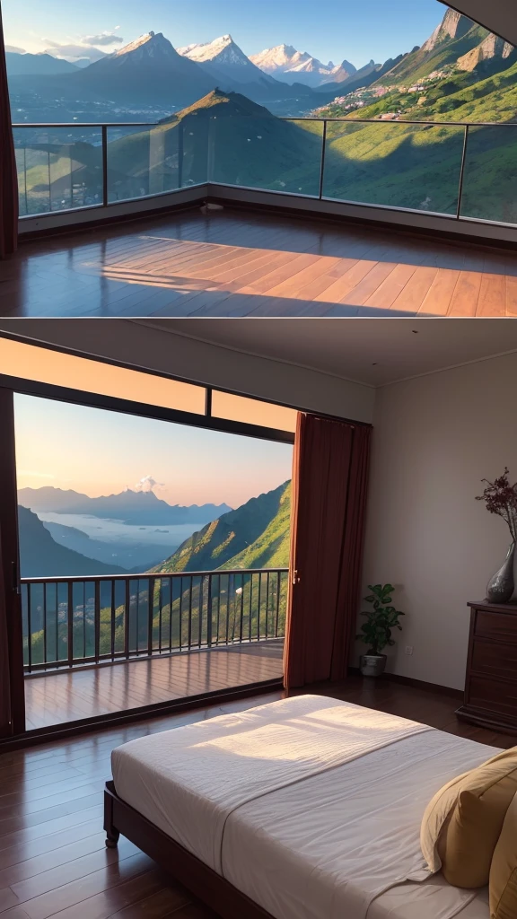 (masterpiece,Highest quality:8K) Affordable bedroom with mountain views and balcony, Beautiful views, A soothing and comfortable landscape, Detailed view, Instagram photos Nice views, beautifully、aesthetic, Beautiful nature in the background, Amazing scenery in the background, 8K Photorender Reality Engine, Beautiful views, Overlooking the valley, Nice views, beautiful place, paradise in the background