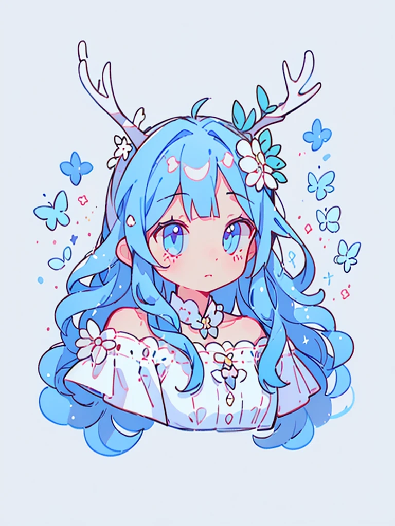 1girl, long wavy blue hair, deer ears, white deer antlers, butterfly hair ornament, blue flower, elegant white off shoulder dress, teaseful expression, splash background, solo, sketch, portrait, simple background