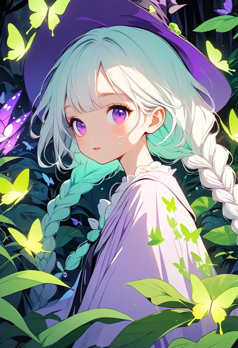 Vector illustration,Beautiful witch with two purple braids,Cute little boy:1.37,Purple Eyes,White hair-purple-long braids。jungle,vegetation,Lush,, Digital illustration style, Fluorescent green color scheme, Soft shadows, Simple line art, close up, Minimalism, Soft colors, Swarms of glowing butterflies,