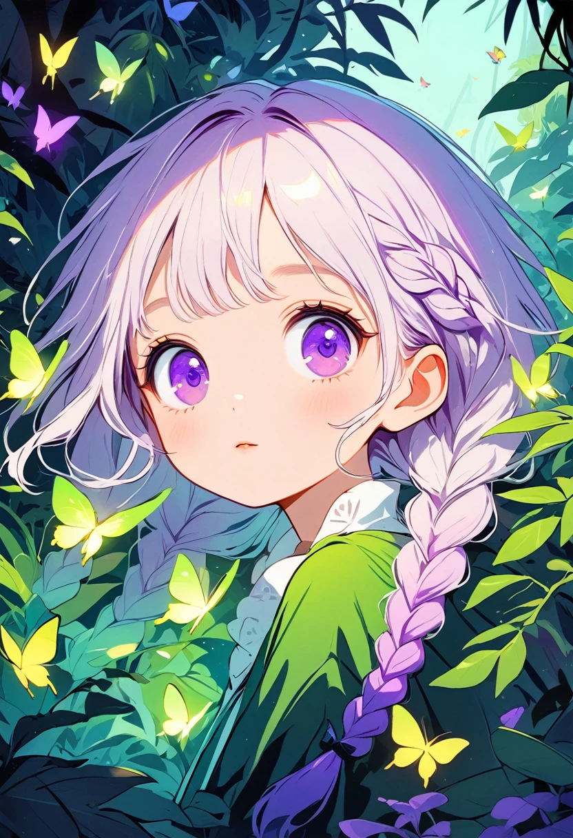 Vector illustration,Beautiful witch with two purple braids,Cute :1.37,Purple Eyes,White hair-purple-long braids。jungle,vegetation,Lush,, Digital illustration style, Fluorescent green color scheme, Soft shadows, Simple line art, close up, Minimalism, Soft colors, Swarms of glowing butterflies,