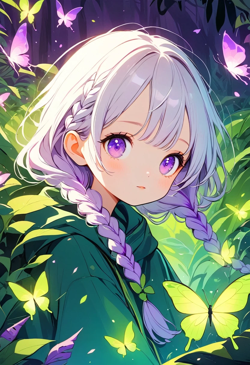 Vector illustration，Beautiful witch with two purple braids，Cute little boy：1.37，Purple Eyes，White hair-purple-long braids。jungle，vegetation，Lush，, Digital illustration style, Fluorescent green color scheme, Soft shadows, Simple line art, close up, Minimalism, Soft colors, Swarms of glowing butterflies，
