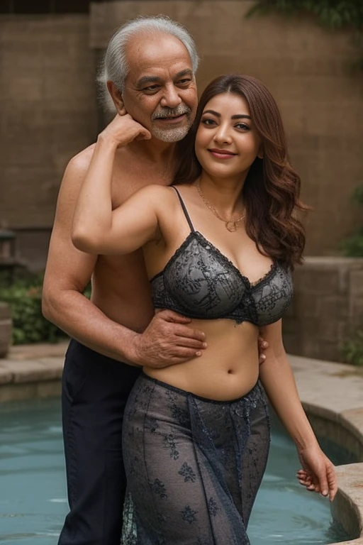 Day scene,kajal and Oldman, Indian black old man, couple pose, a Oldman and kajal in under the water fall, black lace bra and saree, detailed old man, old man gripping kajal waist,big cheeks, curvy, Hollywood lips, wet navel, deep cleavage, necklace, erotic face, 36 yo, ponytail, look at viewer and smile, (cinematic:1.3), intricate details, (ArtStation:1.2),Oldman and beautiful girl posing to viewers, detailed Oldman, old man waist gripping, romantic pose,