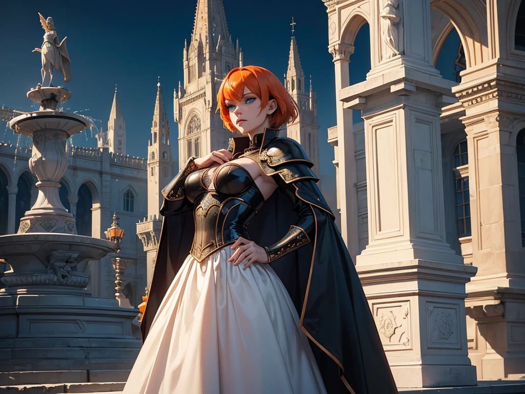 A beautiful and wonderful vampire woman, extremely detailed, short orange hair, wearing extremely detailed gothic armor, blue eyes in a fountain with statues in a medieval public square, palace, crepúsculo, 8k, linda, angel, asas de aço, sacerdotisa, crepúsculo, entardecer, Square
