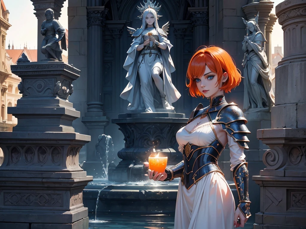 A beautiful and wonderful vampire woman, extremely detailed, short orange hair, wearing extremely detailed gothic armor, blue eyes in a fountain with statues in a medieval public square, palace, crepúsculo, 8k, linda, angel, asas de aço, sacerdotisa, crepúsculo, entardecer, Square