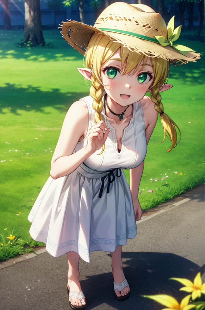 Suguhakirigaya, Suguhakirigaya, Long Hair,Blonde,Green Eyes,Pointy Ears,Short braids,,happy smile, smile, Open your mouth,Big Breasts,White straw hat,White sleeveless dress, bare arms,Green long skirt,Cute Sandals,Are standing,Clear skies,whole bodyがイラストに入るように,
break outdoors, nature, forest, 
break looking at viewer, whole body,
break (masterpiece:1.2), Highest quality, High resolution, unity 8k wallpaper, (shape:0.8), (Beautiful attention to detail:1.6), Highly detailed face, Perfect lighting, Extremely detailed CG, (Perfect hands, Perfect Anatomy),