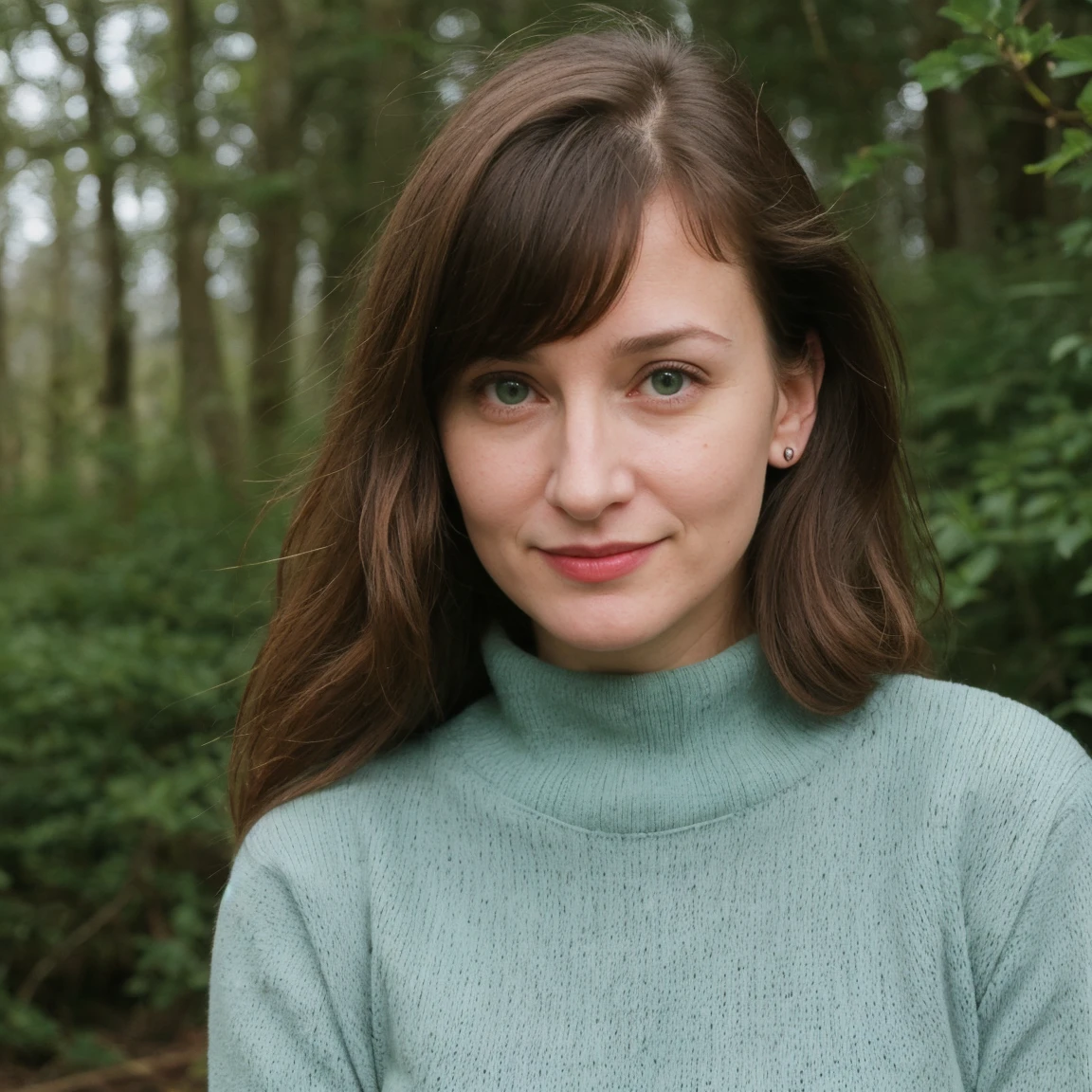 1 girl, solo, Caucasian, Young Woman, photorealistic, RAW image, (Photo of Amalia Fuentes and Patricia Clarkson combined), name is Mako, (((40 years old woman))), (((Green eyes))), (((Brunette hair))), ((long hair)), (((full body))), ((close Shot)), (((slim body))), ((wearing black leggings and blue sweater)), (at the trail in Ireland), smirk, random pose