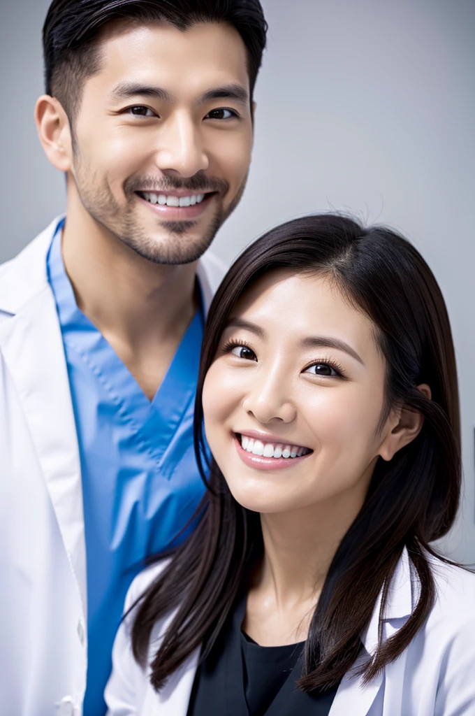 Male dentist and female dental hygienist　２people　A good business partner　日本people　Handsome Men and Beautiful Women　Doctor wearing a white coat　Upper body close-up　high resolution　high resolution　Highest quality　smile　　Wear black scrubs