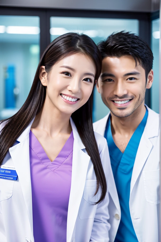 Male dentist and female dental hygienist 2people A good business partner 日本people Handsome Men and Beautiful Women Doctor wearing a white coat Upper body close-up high resolution high resolution Highest quality smile Wear black scrubs
