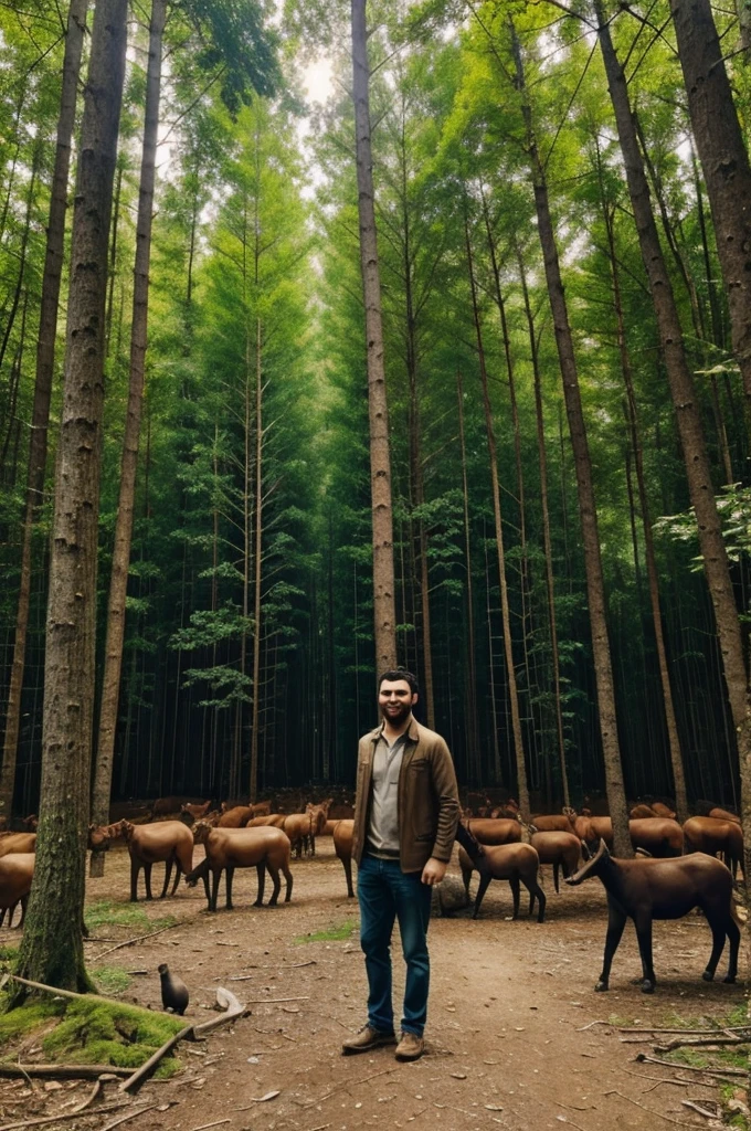 Picture of a man standing in a natural forest And many animals looked happy.
