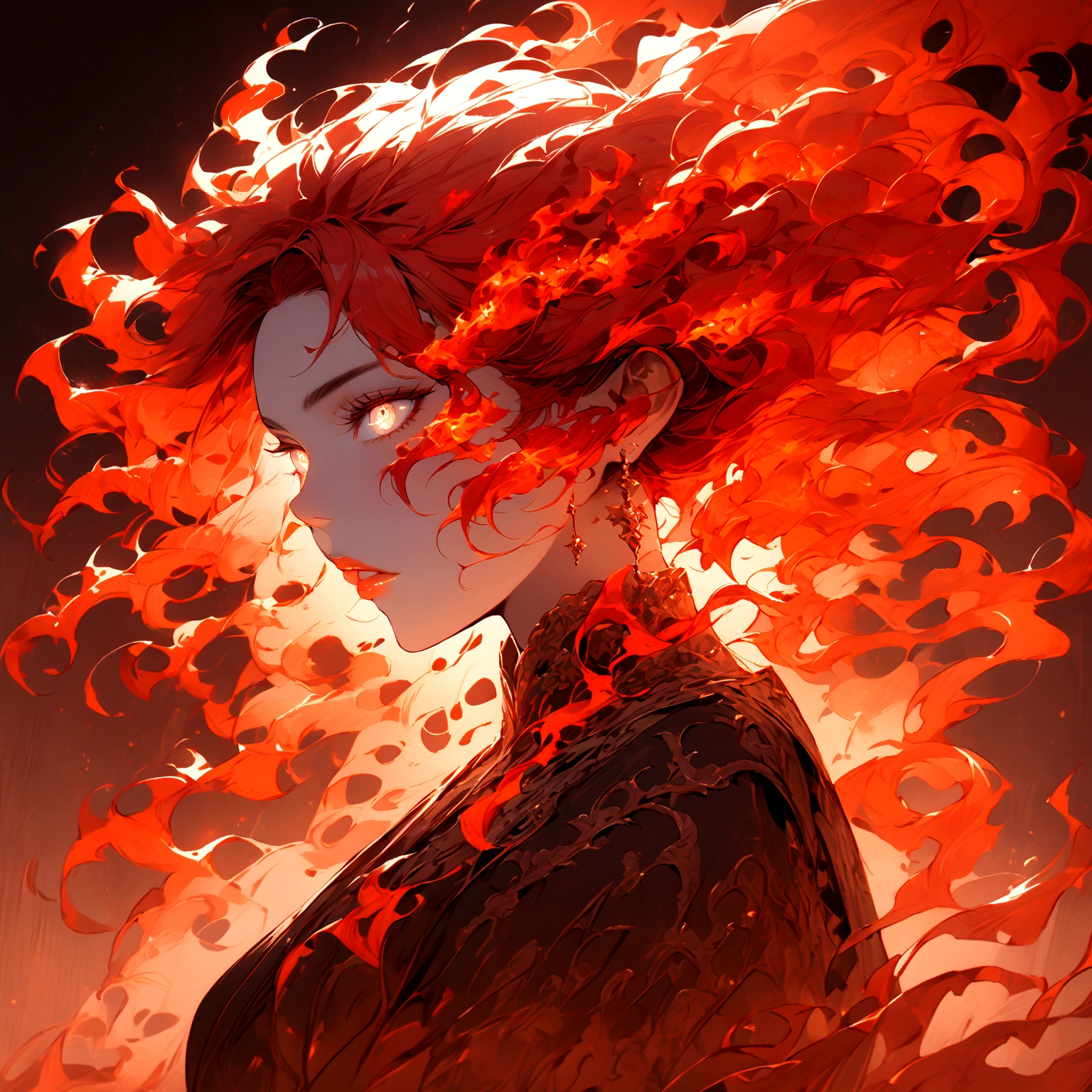 masterpiece, best quality, 1girl, solo, red hair, fiery hair, white eyes, extremely detailed eyes and face, beautiful detailed lips, longeyelashes, fantasy portrait, dramatic lighting, glowing, dramatic pose, mystical, ethereal, dramatic colors, warm color palette