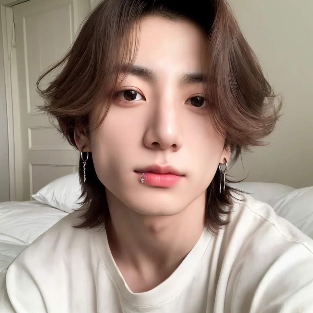 arafed asian man with white shirt and earrings on a bed,jungkook, BTS group, kpop idol portrait, realism artistic style, beautiful androgynous prince, BTS, delicate androgynous prince, inspired by jungkook jeon young pale angel