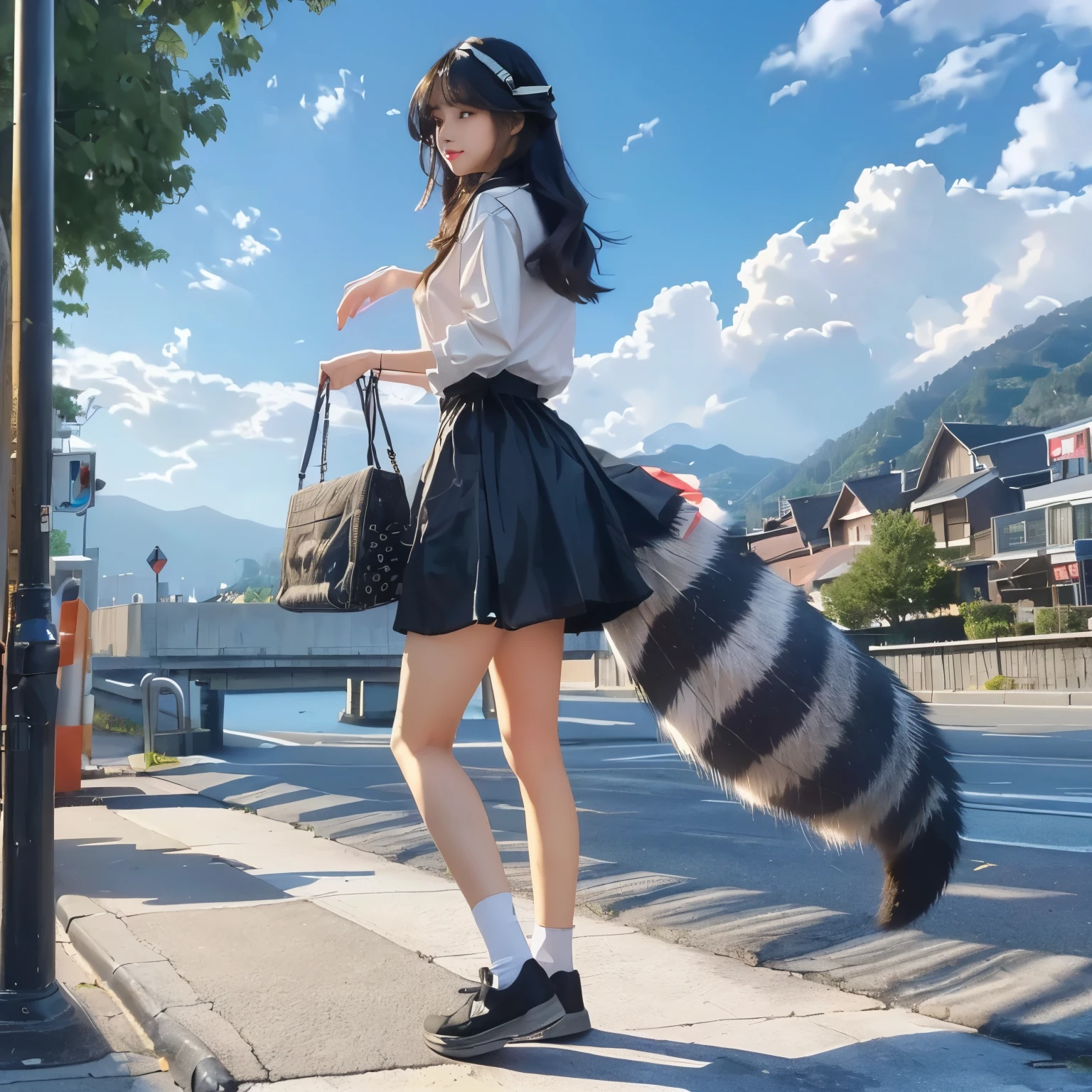 Girl with a raccoon tail walking on the sidewalk, Fluffy tail, Cat's Tail, Hairy tail, thick Fluffy tail, Fox's Tail, Realistic Style, Long graceful tail behind, Very very beautiful furry art, Women's furry mini cute style, Long graceful tail, furry animal with a tail, Tailed, photograph, Highest quality