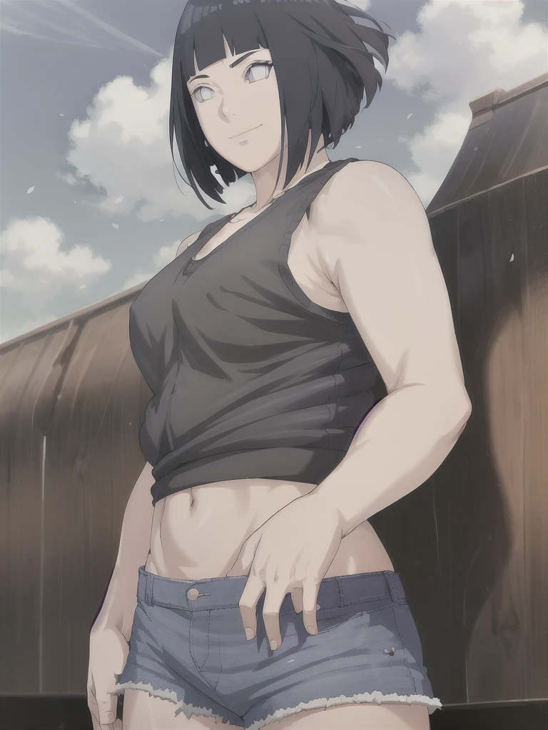 masterpiece, absurdres , (intricate details), (colorful),cinematic lighting,extremely detailed CG unity 8k wallpaper ,hinata\(boruto\), 1milf, mature, ((black tank-top),(denim hotpants)), sleeveless, huge breasts,layered sleeves, cowboy shot, looking back, looking at viewer,smile, outdoors, lavender flower field,flower, day, cloudy sky, wind, floating hair, falling petals, anime screencap,