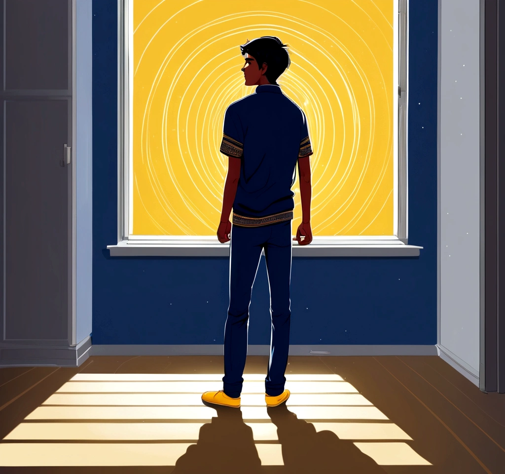 A young indian young man standing near a window, light rays falling on him and light rays falling on the room floor, the boy is deeply thinking about something,digital art, navy blue theme and bright yellow rays of light 
