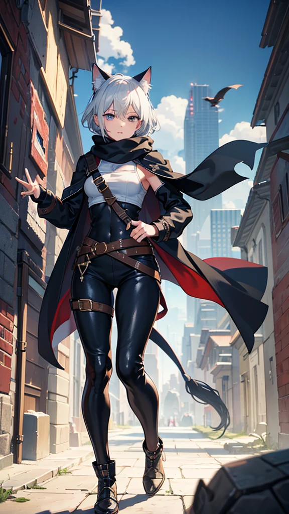 work of art, best qualityer, high resolution, 1 girl, synonym 1, scarf, short hair, mitts, ninja mask, long sleeves, leather pants, White hair, Cat's ears, cat tail, Rougue clothes, leather pants, holding, holding faca, bangs over one eye, blue eye, 14 eyes old, hooded cloak, rogue rpg, rpg, ninja, ruins, medioval