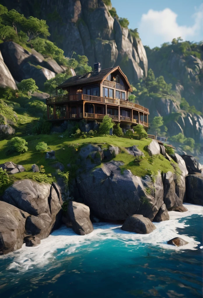 a close up of a house on a small island in the middle of a mountain, unreal engine 5 render dramatic, unreal 5 engine render, unreal 5 engine rendered, unreal engine 5 highly rendered, unreal 5 engine highlly render, unreal engine 5 full rendering, rendering unreal engine 5, unreal engine 5 rendering, trending on unreal engine 5, render in unreal engine 5