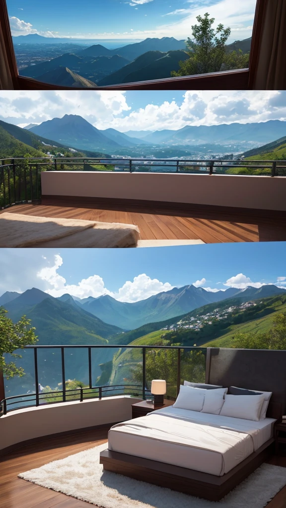 (masterpiece,Highest quality:8K) Affordable bedroom with mountain views and balcony, Beautiful views, A soothing and comfortable landscape, Detailed view, Instagram photos Nice views, beautifully、aesthetic, Beautiful nature in the background, Amazing scenery in the background, 8K Photorender Reality Engine, Beautiful views, Overlooking the valley, Nice views, beautiful place, paradise in the background