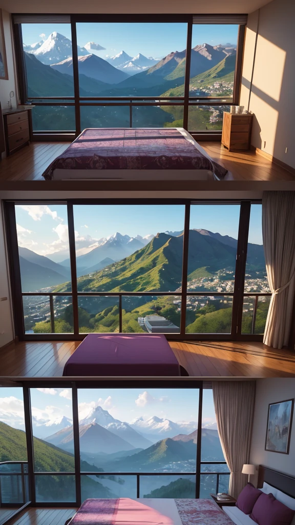 (masterpiece,Highest quality:8K) Affordable bedroom with mountain views and balcony, Beautiful views, A soothing and comfortable landscape, Detailed view, Instagram photos Nice views, beautifully、aesthetic, Beautiful nature in the background, Amazing scenery in the background, 8K Photorender Reality Engine, Beautiful views, Overlooking the valley, Nice views, beautiful place, paradise in the background