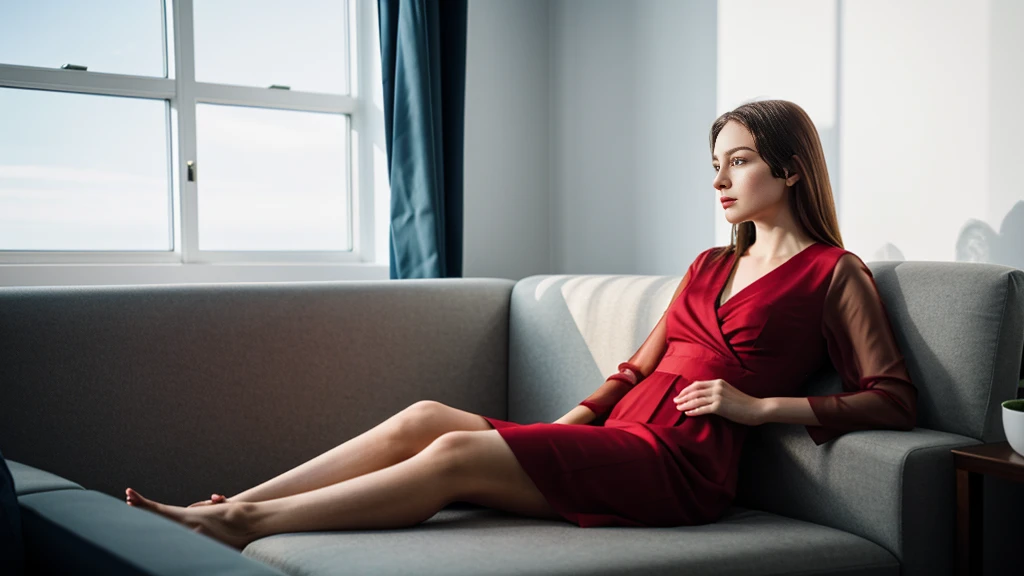 an icelandic woman with beautiful Delicate eyes, Beautiful and delicate lips, Extremely detailed face and skin, Pale skin, 20 years old,Dress in red silk fabric,plump bust,D cup bust,high heels, medium long shot, Sitting on the sofa in the living room, natural posture,beautiful light and shadow, panoramic view, (long legs), (full body portrait). Beautiful photography,Long eyelashes, Good anatomy , Practical skin texture, Delicate eyes, professional, 4K, Wide-angle lens, Optical Depth of Field, Kodak Vision Color, Perfectly proportioned body, Extremely detailed, ultra-photoPractical, Practical, Post-Processing, Maximum details, Roughness, real life, ultra -Practical, Photorealism, photography, 8K Ultra HD, photography