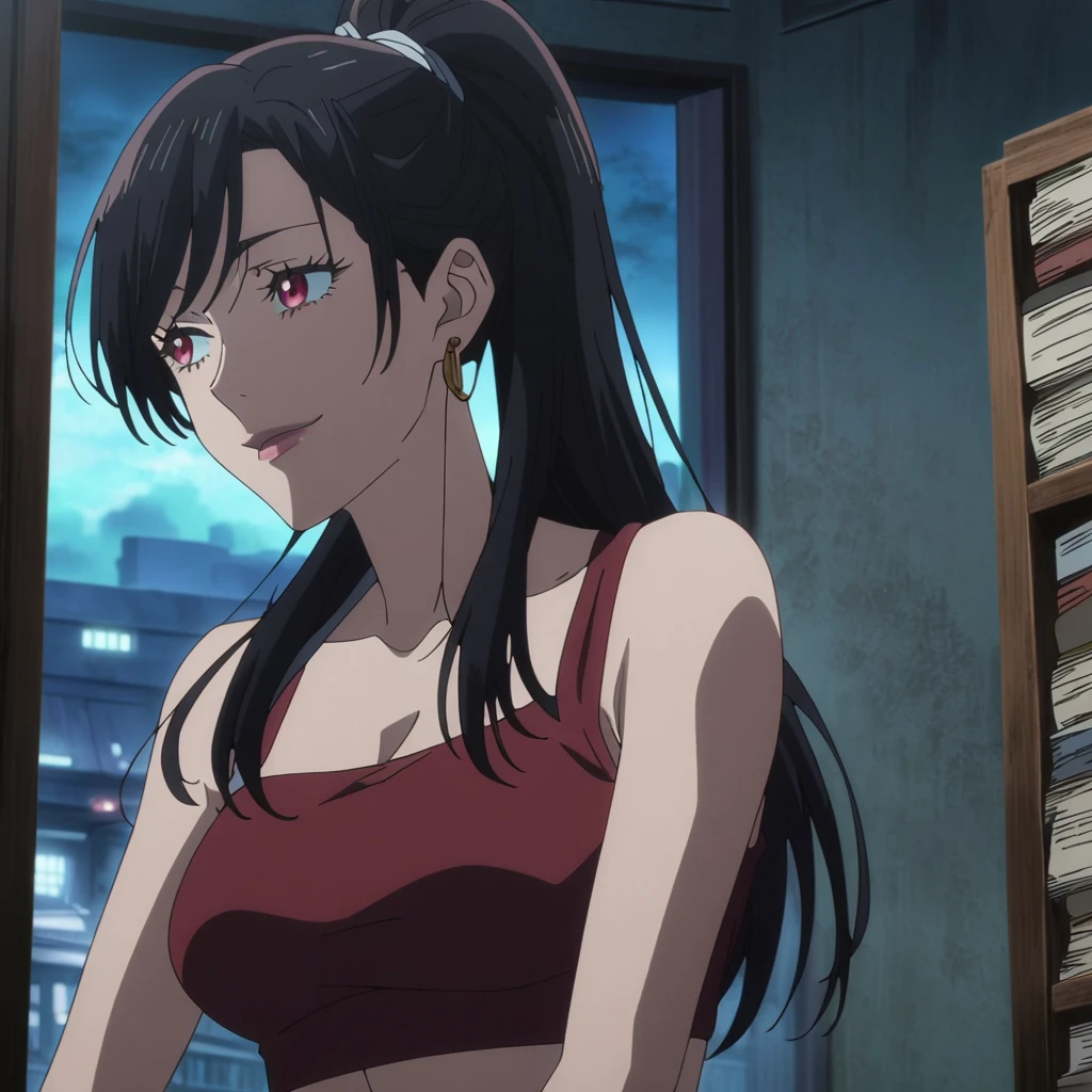1girl, female gojo satoru, anime screencap from jujutsu kaisen, gojo satoru female version, solo, long_hair, Red eyes ((Black_hair, swept bangs)), night view, (hanging breasts) upper_body, smile, indoors, book, red_eyes, lips, (high ponytail) ((wearing casual outfit)) breast, "very detailed and high resolution" (Red eyes) ((long hair)) ((solo)) (front view) (earings) ((high resolution)) ((good quality)) ((swept bangs)) ((full body)) ((she looks embarrassed)) cleavage