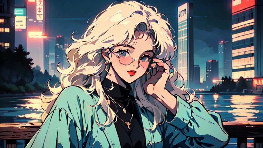 (80's, Retro, City Pop:1.5), (Album cover), (masterpiece, Highest quality, Exquisite detail), (anime, figure), (pastel colour:1.3), Best Photo Poses, girl, alone, smile, A perfect eye for detail, Delicate face, sunglasses, Long blonde hair, Curly cityscape, City of night,