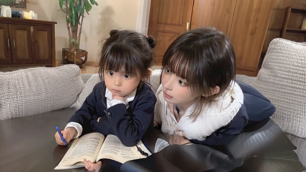 a mother is company with her doing homework. they're looking down at the textbook. 8k super realistic