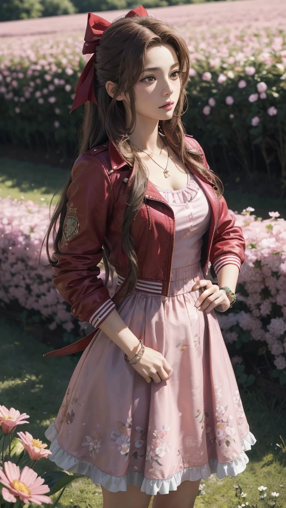 Highest quality,masterpiece,8k wallpaper,Absurd, High resolution, Super detailed, (One beautiful girl, alone:1.1),Aerith Gainsborough \(Cosplay\),red_Jacket, necklace,brown_hair,length_hair,bracelet,pink_dress,hair_ribbon,Put your hands forward,Flower Field